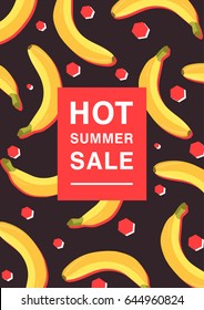 Vertical poster on hot summer sale theme. Bright promotional flyer with bananas, red polygons and inscription. Colorful advertising vector illustration on a dark background.