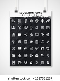 vertical poster on white wall background with set vector flat design icons education process school university students basic elementary study science creative courses