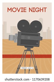 Vertical poster, placard, flyer or invitation template for movie night or motion picture premiere with retro film camera or projector standing on tripod. Vector illustration for event advertisement.