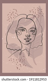 Vertical poster, print in abstract style with outline woman and tropical palm leaves. In pastel neutral pink and dark-gray colors. Vector illustration 