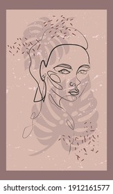 Vertical poster, print in abstract style with outline woman and tropical palm leaves. In pastel neutral pink and dark-gray colors. Vector illustration 
