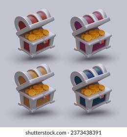 Vertical poster with realistic 3d gold chest in different colors. Colorful elements for pirate computer game. Treasures search concept. Vector illustration with gray background