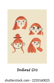 Vertical poster with redhead women portraits. Spring girls illustration