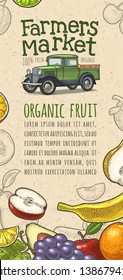 Vertical poster with retro pickup truck and handwriting lettering Farmers market. Vintage color engraving illustration on craft paper texture for poster, label