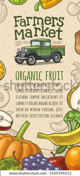 Vertical poster with retro pickup truck, fruits,\
vegetables and handwriting lettering Farmers market. Vintage color\
and monochrome engraving illustration on craft paper texture for\
poster, label