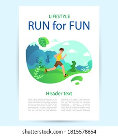Vertical Poster Run to fun. Concept of a healthy lifestyle. A young man runs through a Park or forest. Beautiful natural view. Vector illustration in modern flat style.