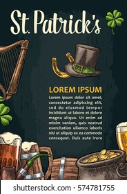 Vertical poster for Saint Patrick's Day. Top gentleman hat, pot of coins, smoking pipe, beer glass, lyre, horseshoe, clover and barrel. Vector vintage color engraved illustration on dark background