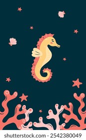 Vertical poster with seahorse on dark background. Character in children's style. vector illustration.