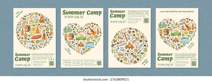 Vertical poster set with color doodle style shows family summer camp adventure. Outdoor trip scene with tent, campfire and hiking activities as collection.