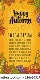 Vertical poster with set leaf, friuits, vegetables and acorn. Happy Autumn calligraphic handwriting lettering. Vector vintage engraved illustration on yellow background