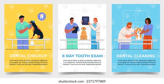 Vertical poster set of Vet clinic Dental checkup Dog. Template banner Dental Care, X-ray, brush teeth treatment Pet. Flat vector illustration