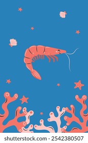 Vertical poster with shrimp on blue background. Character in children's style. vector illustration.
