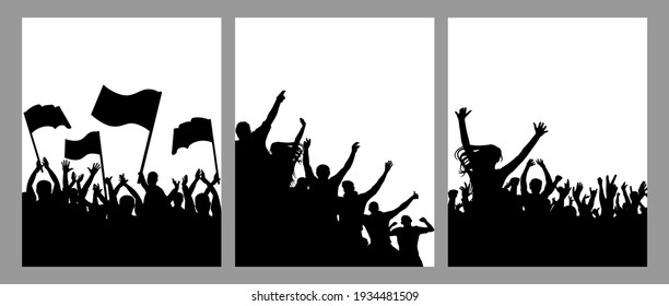 Vertical poster with silhouettes of crowd of people, set. Protest with flags, happy fan people, cheering crowd. Vector illustration