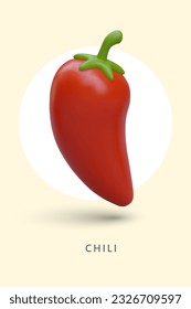 Vertical poster with single hot red pepper. 3D chili pepper with text. Burning fresh vegetable. Template for cooking apps, vegetable shops, recipe sites