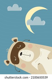 Vertical poster with sleeping cute teddy bear with pillow and sleep mask on blue background with moon and clouds. Vector illustration. For design, print, room decor, postcards, kids collection