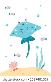 Vertical poster with stingray fish. Character in children's style. vector illustration.