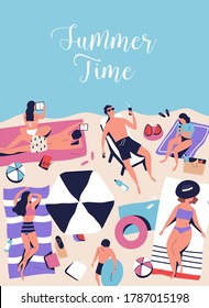 Vertical poster with sunbathing, chilling people on beach vacation. Summer time handwritten phrase. Sip cocktail, lying under parasol, reading book, seasonal relax. Flat vector cartoon illustration