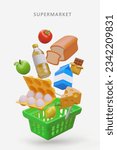 Vertical poster for supermarket. Shopping basket with collection of different products. Dairy produce, oil, cheese, bread for sandwich and fruits. Vector illustration with place for text