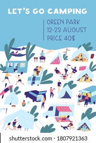 Vertical poster template for camping vacation with place for text. People relaxing in nature outdoors. Flat vector cartoon placard with friends and families activity at summer festival in tent city