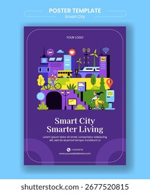 Vertikale Poster-Vorlage mit flacher Karikatur Illustration von Smart City Infrastructure Concept