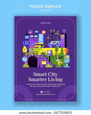 Vertical Poster Template with Flat Cartoon Illustration of Smart City Infrastructure Concept