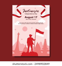 A vertical poster template for Indonesia Independence Day featuring a silhouette of a person holding the national flag.