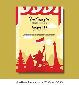 Una Plantilla de cartel de Vertical para el Día de la Independencia de Indonesia con la silueta de una persona sosteniendo la bandera nacional.
