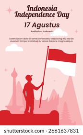 Una Plantilla de cartel de Vertical para el Día de la Independencia de Indonesia con la silueta de una persona sosteniendo la bandera nacional.