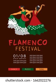 Vertical poster template, invitations for the festival of Spanish culture. Two flamenco dancers in beautiful dresses with a fan. The symbols of Spain for a promo. Falt cartoon vector illustration.