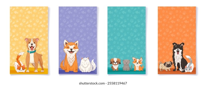 Vertical poster template set with cute pets. Dogs and cats of different breeds. Dog grooming, pet adoption, shop banner for your design in social media. Vector cartoon illustration