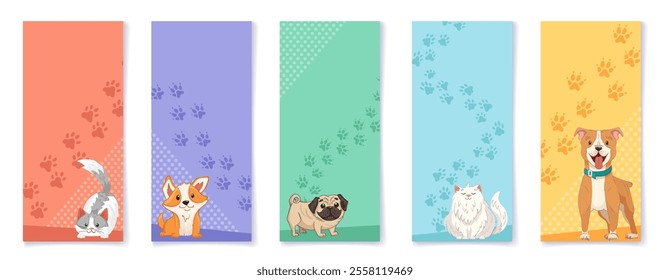 Vertical poster template set with cute pets. Dogs and cats of different breeds. Dog grooming, pet adoption, shop banner for your design in social media. Vector cartoon illustration