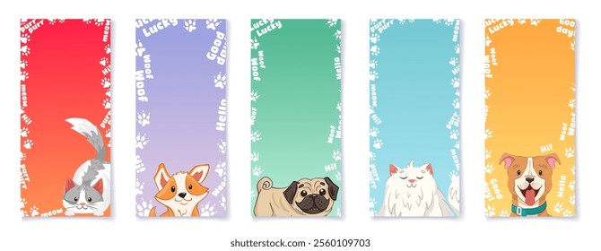 Vertical poster template set with cute pets. Dogs and cats of different breeds. Dog grooming, pet adoption, shop banner for your design in social media. Vector cartoon illustration