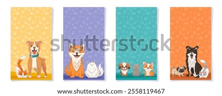 Vertical poster template set with cute pets. Dogs and cats of different breeds. Dog grooming, pet adoption, shop banner for your design in social media. Vector cartoon illustration