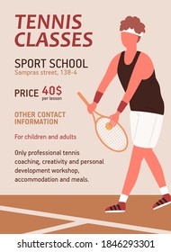 Vertikales Poster für Tennisunterricht oder Schule. Farbige Werbung für Sportstunden mit Textplatz. Platzierung mit gesichtslosen Mann, der Schläger hält. Flache Vektorgrafik