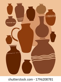 Vertical poster with terracotta vases of different shapes and sizes. A set of jars, vessels for the ceramic workshop. Decorative banner about the art of pottery. Flat minimalistic vector illustration.