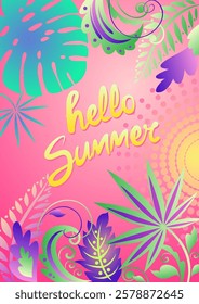 Vertical poster with tropical jungle plants, monstera and fern leaves for summer party invitation, social media design