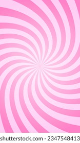 Vertical poster with twisted pink radial stripes. Trendy y2k pattern. Rosy sunburst, explosion or surprise design effect. Swirled bubble gum, lollipop candy texture. Manga style background.