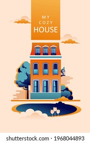 vertical poster for typography or print. Rural countryside mansion, cozy house, vector illustration