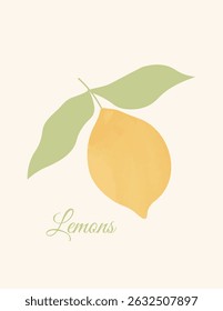 Vertical poster with watercolor lemon and leaves. Contemporary print with hand drawn citrus fruit. Dolce vita aesthetic. Italian summer vacation. Minimalist vector design