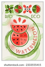 Vertical poster with watermelon, abstract geometric shapes, spiral paint brush stroke. Good for branding, decoration of food package, cover design, decorative print, background, wall decoration