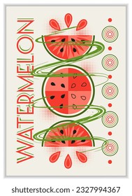 Vertical poster with watermelon, abstract shapes in simple geometric bauhaus style. Good for branding, decoration of food package, cover design, decorative print, background, wall decoration