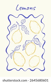 Cartaz vertical com moldura de tinta wavy whimsical, limões desenhados à mão, folhas e tipografia. Estilo de esboço italiano. Estilo de vida mediterrâneo. Perfeito para cartão, tampa, rótulo, fundo, placa.
