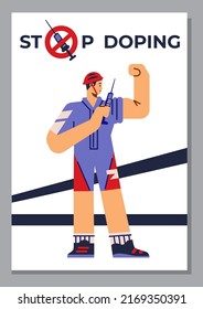 Vertical poster or website banner about stop doping flat style, vector illustration isolated on gray background. Muscular sportsman in helmet with syringe, text