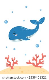 Vertical poster with whale. Character in children's style. vector illustration.