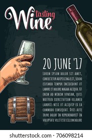 Vertical poster. Wine tasting lettering. Hand drawn sketch female hand holding a glass, bottle, barrel. Vintage color and monochrome engraving vector illustration on dark background.