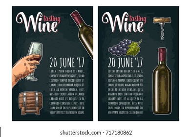 Vertical poster. Wine tasting lettering. Hand drawn sketch female hand holding a glass, bottle, barrel, corkscrew, grape. Vintage color and monochrome engraving vector illustration on dark background.