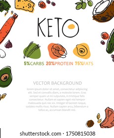 Vertikales Poster mit dem Wort "Keto"und der Zusammensetzung von Fetten, Proteinen, Kohlenhydraten einzeln auf Weiß. Rahmen von handgezeichnet schwarzen Linien von Gemüse, Beeren, Nüssen, Fleisch, Fisch. Vektorgrafik