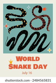 Vertical poster, World Snake Day poster. Illustration for social networks, blog, post, story. Retro style