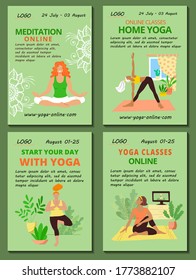 Vertical poster Yoga online template set. Home yoga and meditation classes advertisment. Girls in sport clothes doing asanas and meditating in lotus pose. Stock vector flat modern illustration.
