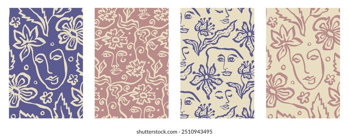 Pósteres de Vertical o tarjetas con dibujos de lavado a tinta de la cara femenina abstracta y siluetas de flores sobre fondo oscuro. Retratos minimalistas monocromáticos arte de pared. Boceto de moda floral moderno